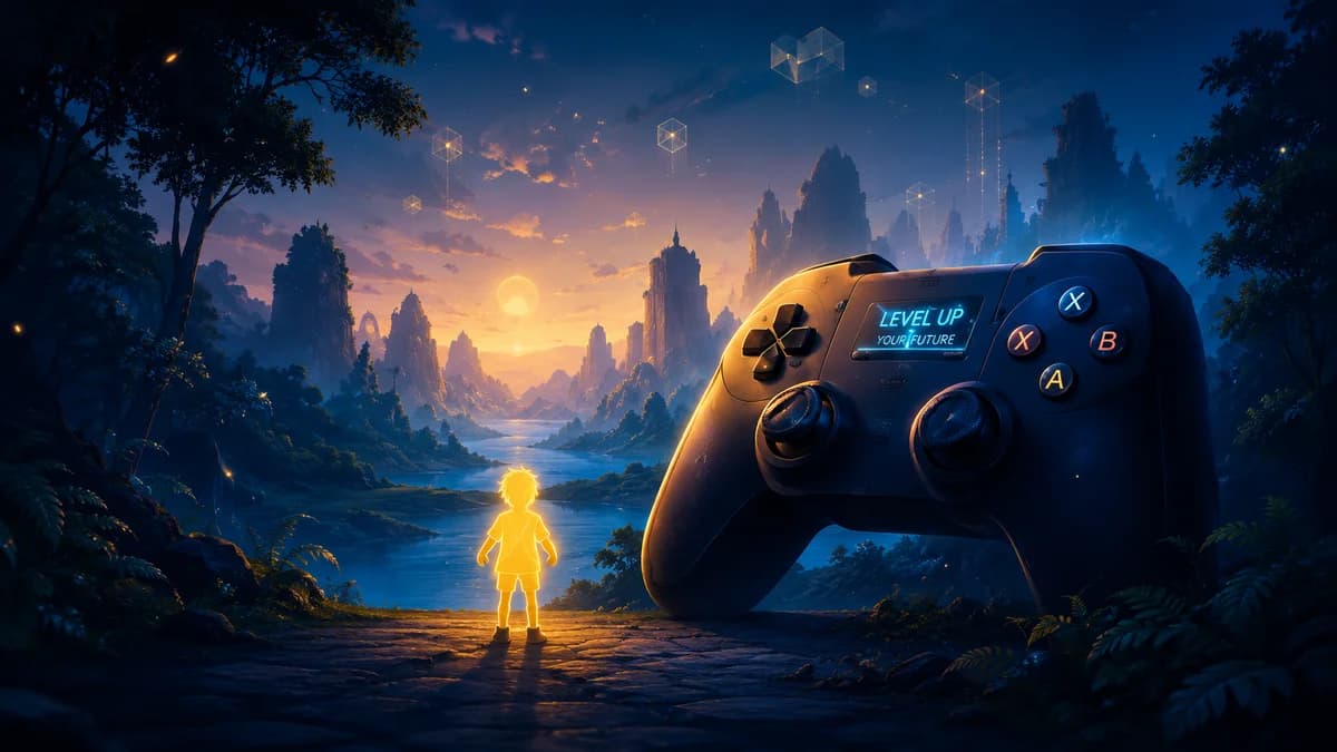 Game development journey illustration with a glowing learner and game controller