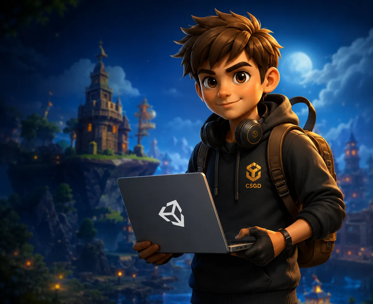 A CSGD student holding a laptop in a game-inspired world.