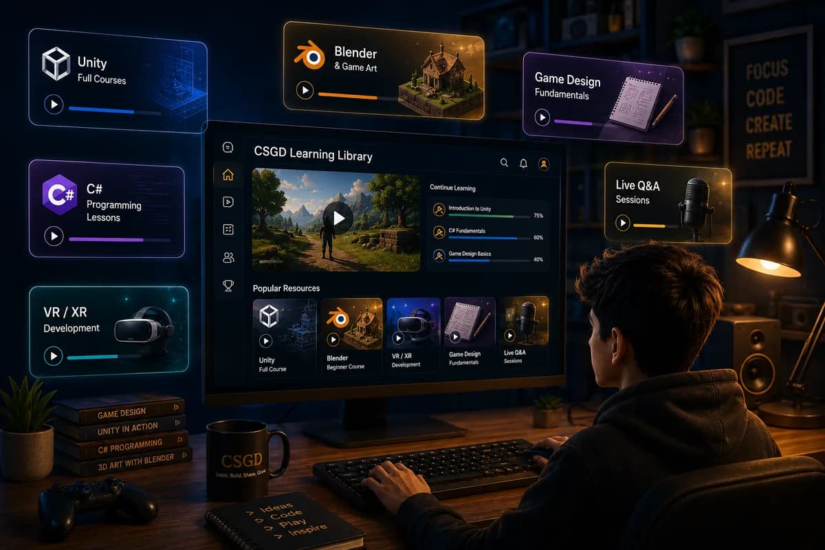 CSGD free learning library dashboard with game development video resources